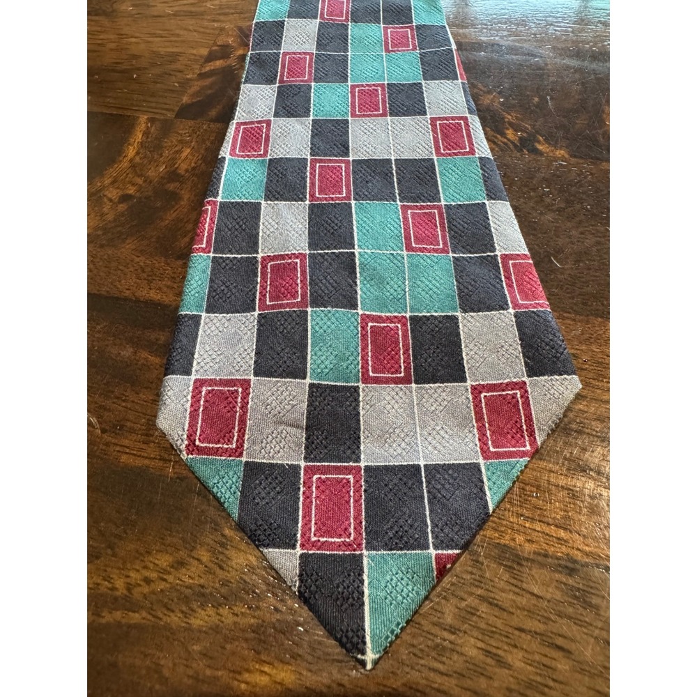 Nordstrom Mens Silk Tie Made in Italy Geometric Grid Teal Burgundy Grey Navy 4"